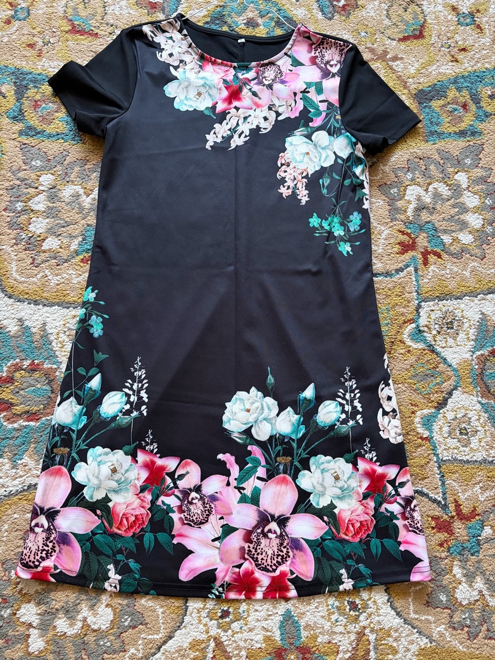 Black Floral Shift Dress with Pink & Teal Blooms